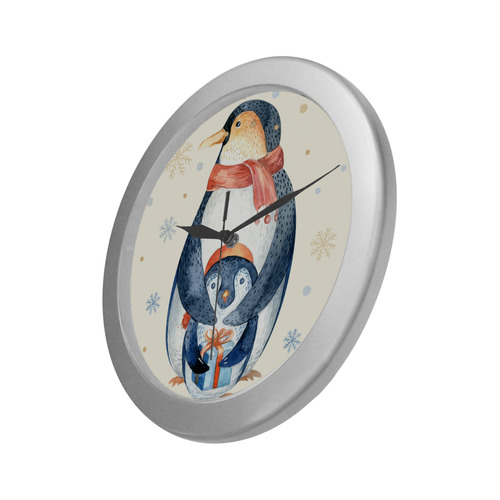 cute penguin, christmas Silver Color Wall Clock