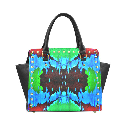 Abstract Green Brown, Blue Red Marbling Rivet Shoulder Handbag (Model 1645)