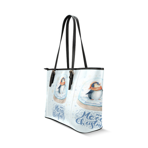 cute penguin, christmas wishes Leather Tote Bag/Small (Model 1640)