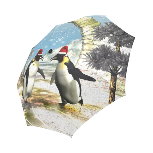 Funny penguins with christmas hat Auto-Foldable Umbrella (Model U04)