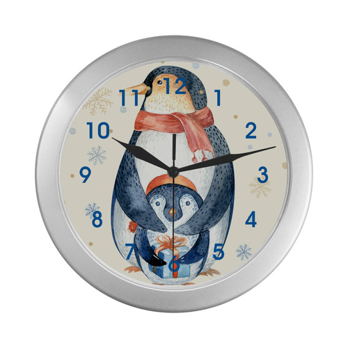 cute penguin, christmas Silver Color Wall Clock