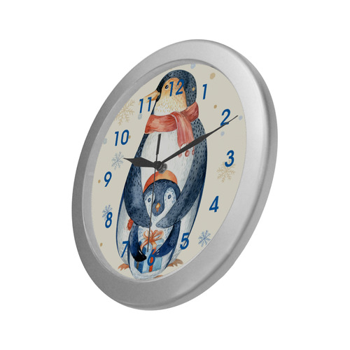 cute penguin, christmas Silver Color Wall Clock