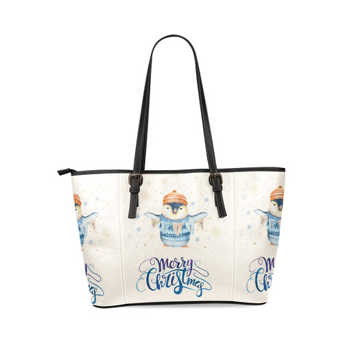 cute penguin, christmas wishes Leather Tote Bag/Large (Model 1640)