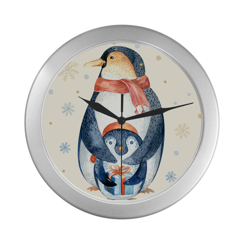 cute penguin, christmas Silver Color Wall Clock