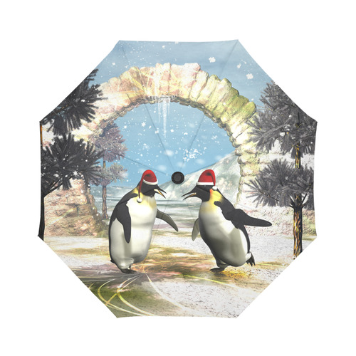 Funny penguins with christmas hat Auto-Foldable Umbrella (Model U04)