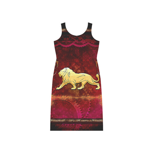 Golden lion on vintage background Phaedra Sleeveless Open Fork Long Dress (Model D08)