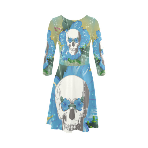 Funny skull with blue flowers 3/4 Sleeve Sundress (D23)