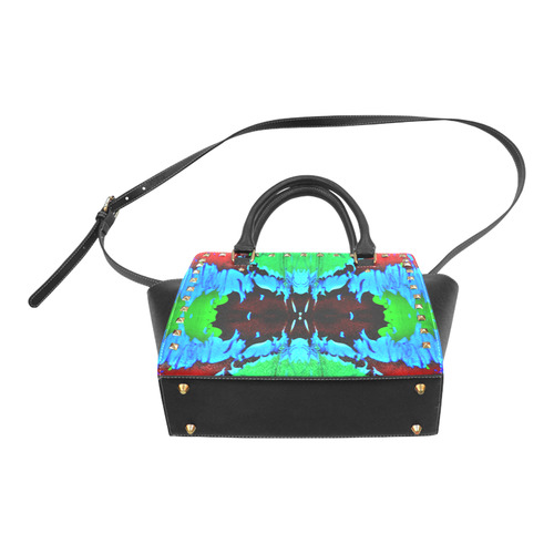 Abstract Green Brown, Blue Red Marbling Rivet Shoulder Handbag (Model 1645)