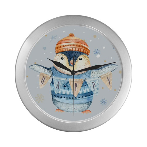 cute penguin, christmas Silver Color Wall Clock