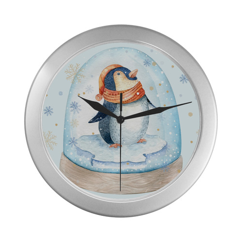 cute penguin, christmas Silver Color Wall Clock