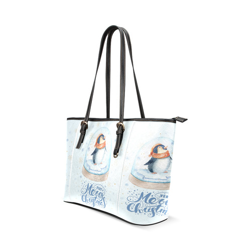 cute penguin, christmas wishes Leather Tote Bag/Small (Model 1640)