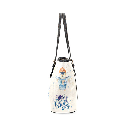 cute penguin, christmas wishes Leather Tote Bag/Large (Model 1640)