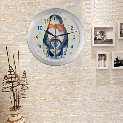 cute penguin, christmas Silver Color Wall Clock