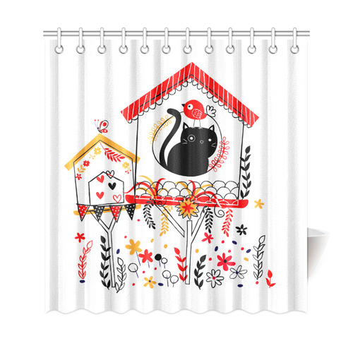 Cute Funny Bird Cat Heart Flower Shower Curtain 69"x72"