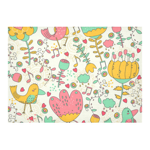 Music Notes Cute Birds Flowers Cotton Linen Tablecloth 60"x 84"