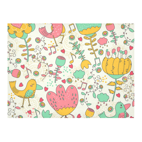 Music Notes Cute Birds Flowers Cotton Linen Tablecloth 52"x 70"