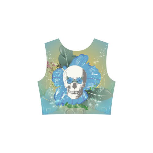 Funny skull with blue flowers Elbow Sleeve Ice Skater Dress (D20)