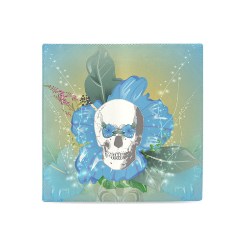 Funny skull with blue flowers Women's Leather Wallet (Model 1611)