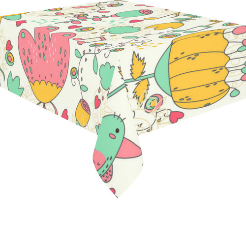 Music Notes Cute Birds Flowers Cotton Linen Tablecloth 52"x 70"