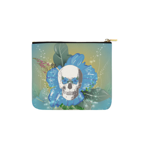 Funny skull with blue flowers Carry-All Pouch 6''x5''