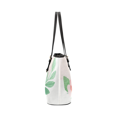 Cute Pink Watercolor Floral Green Leaves Leather Tote Bag/Small (Model 1651)