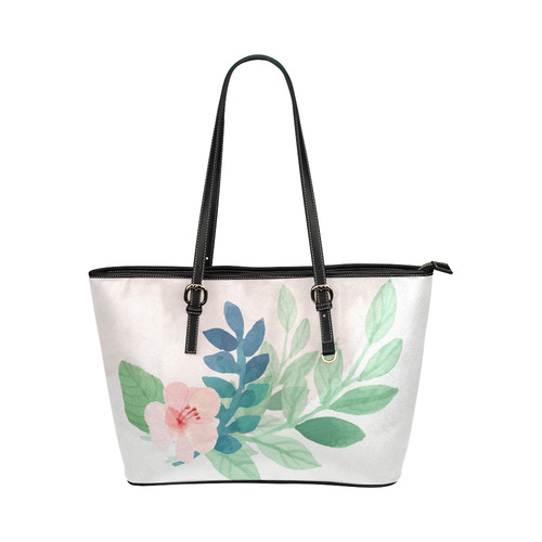 Cute Pink Watercolor Floral Green Leaves Leather Tote Bag/Small (Model 1651)