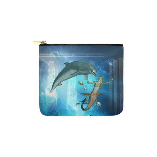 Underwater, dolphin with mermaid Carry-All Pouch 6''x5''