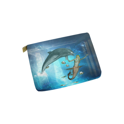 Underwater, dolphin with mermaid Carry-All Pouch 6''x5''