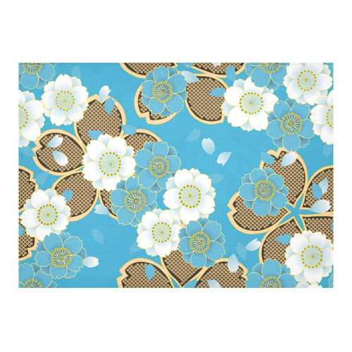 Blue Gold Japanese Floral Kimono Cotton Linen Tablecloth 60"x 84"