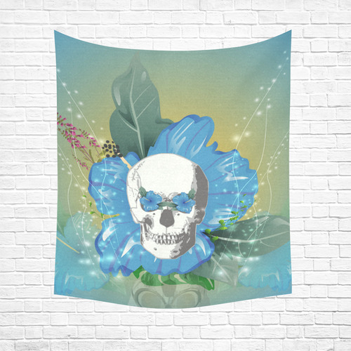 Funny skull with blue flowers Cotton Linen Wall Tapestry 51"x 60"
