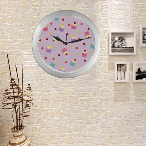 Fruity Cupcakes Silver Color Wall Clock