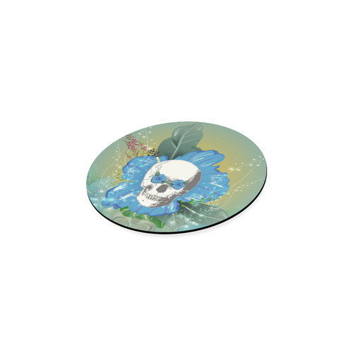 Funny skull with blue flowers Round Coaster