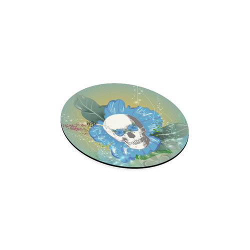 Funny skull with blue flowers Round Coaster