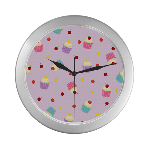 Fruity Cupcakes Silver Color Wall Clock