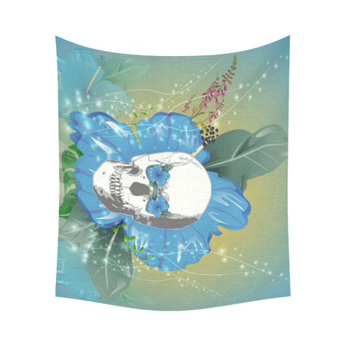 Funny skull with blue flowers Cotton Linen Wall Tapestry 60"x 51"