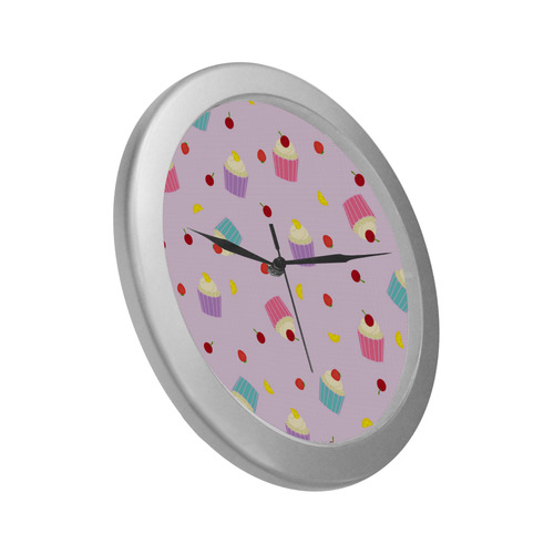 Fruity Cupcakes Silver Color Wall Clock