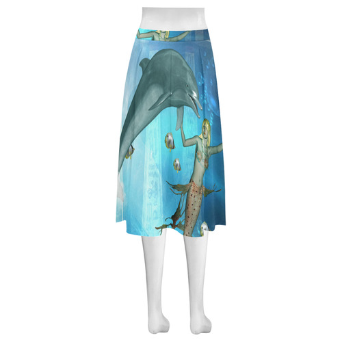 Underwater, dolphin with mermaid Mnemosyne Women's Crepe Skirt (Model D16)
