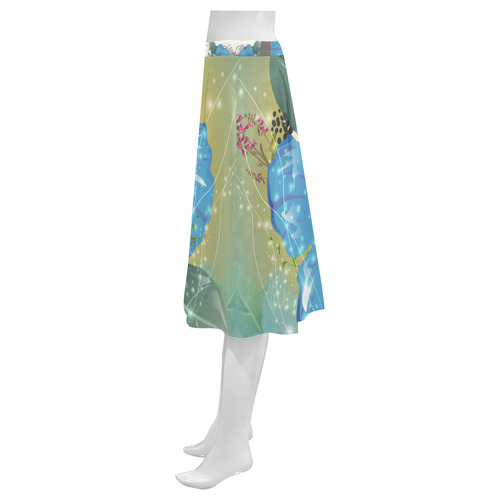 Funny skull with blue flowers Mnemosyne Women's Crepe Skirt (Model D16)