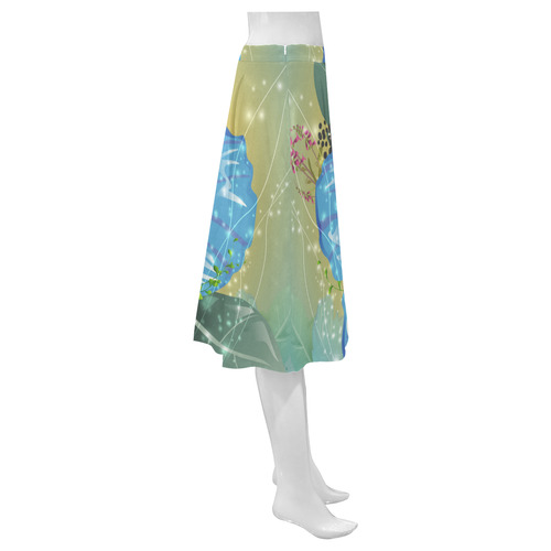 Funny skull with blue flowers Mnemosyne Women's Crepe Skirt (Model D16)