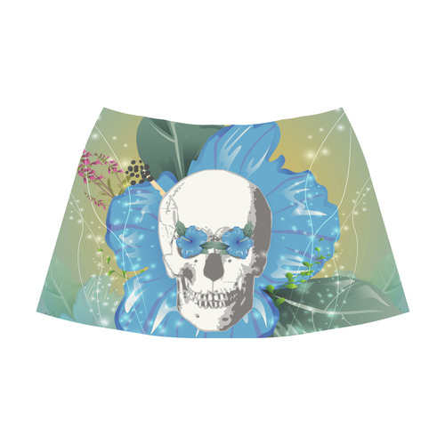 Funny skull with blue flowers Mnemosyne Women's Crepe Skirt (Model D16)