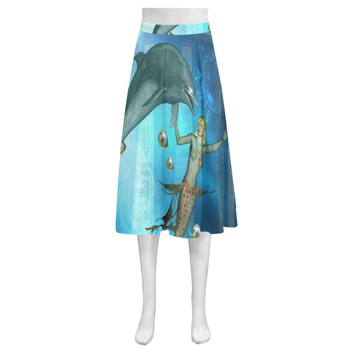 Underwater, dolphin with mermaid Mnemosyne Women's Crepe Skirt (Model D16)