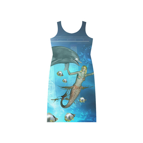 Underwater, dolphin with mermaid Phaedra Sleeveless Open Fork Long Dress (Model D08)