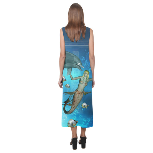 Underwater, dolphin with mermaid Phaedra Sleeveless Open Fork Long Dress (Model D08)