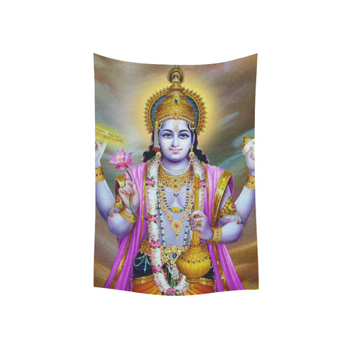 Lord Vishnu Lotus Mace Conch Discus Cotton Linen Wall Tapestry 40"x 60"