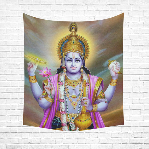 Lord Vishnu Lotus Mace Conch Discus Cotton Linen Wall Tapestry 51"x 60"