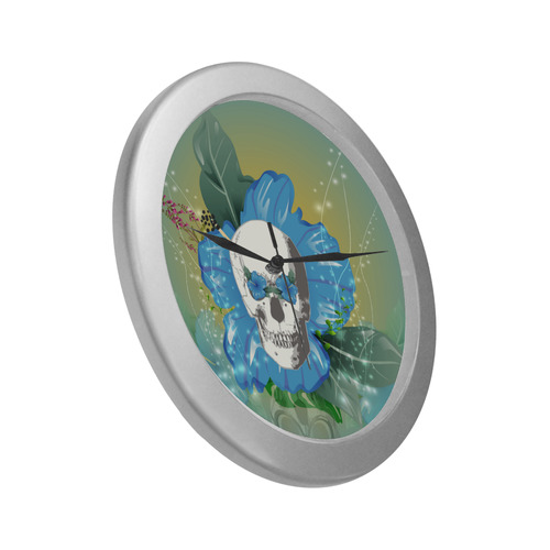 Funny skull with blue flowers Silver Color Wall Clock