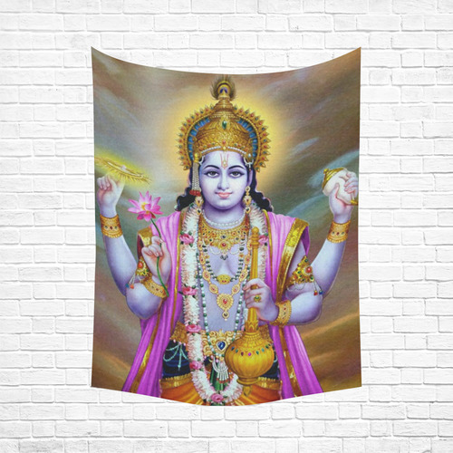 Lord Vishnu Lotus Mace Conch Discus Cotton Linen Wall Tapestry 60"x 80"