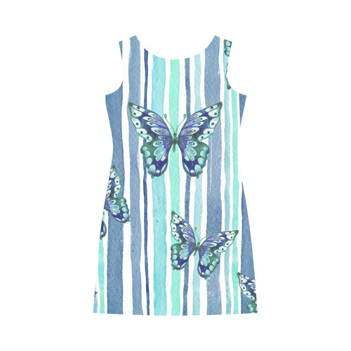 Watercolor Butterflies & Stripes Blue Cyan Round Collar Dress (D22)