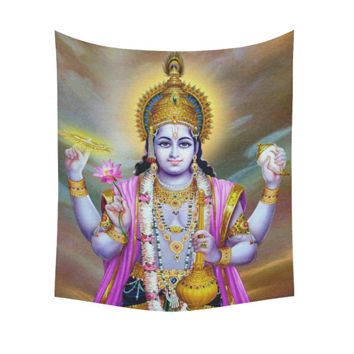 Lord Vishnu Lotus Mace Conch Discus Cotton Linen Wall Tapestry 51"x 60"