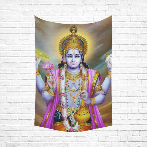 Lord Vishnu Lotus Mace Conch Discus Cotton Linen Wall Tapestry 60"x 90"